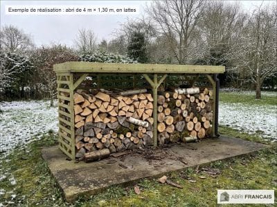Abri à bûches 4 m × 1,30 m, adossé, avec gouttière – mise en situation