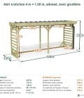 Abri à bûches 4 m × 1,30 m, adossé, avec gouttière – cotes extérieures et intérieures