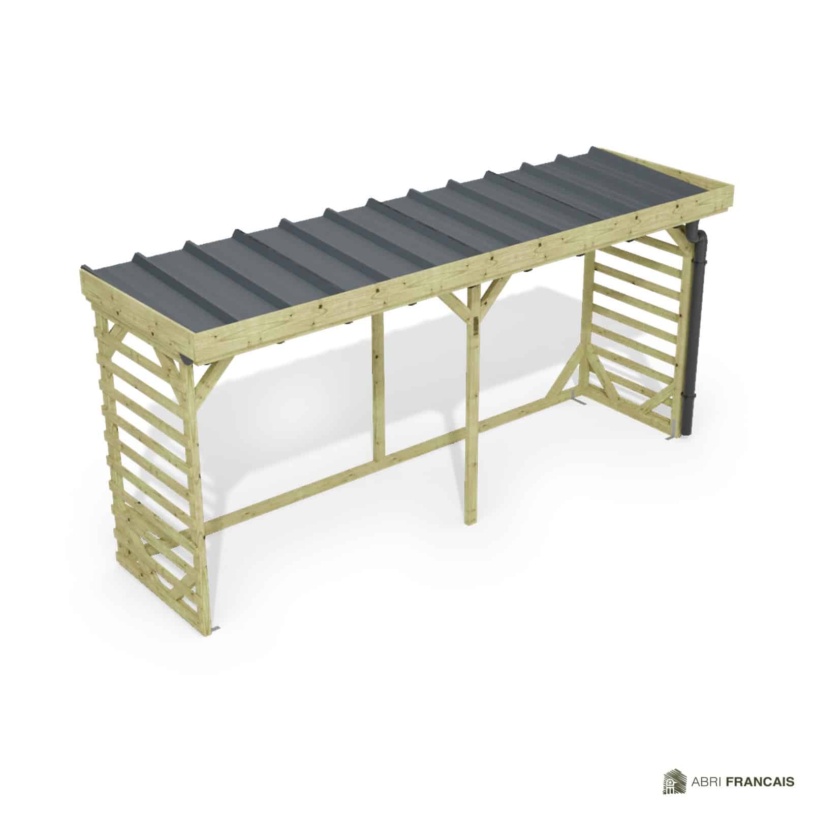 Abri à bûches 4 m × 1,30 m, adossé, avec gouttière – vue du toit en bac acier