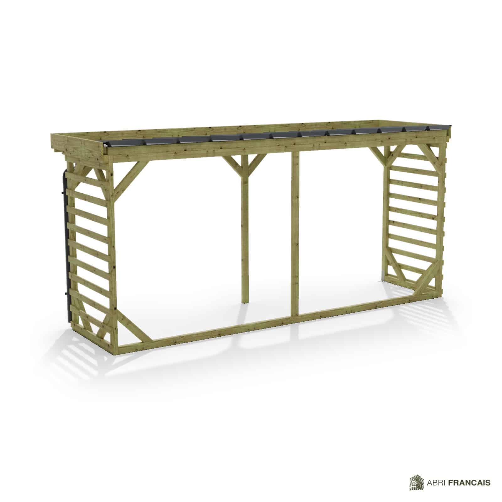 Abri à bûches 4 m × 1,30 m, adossé, avec gouttière – vue arrière, fond et côtés