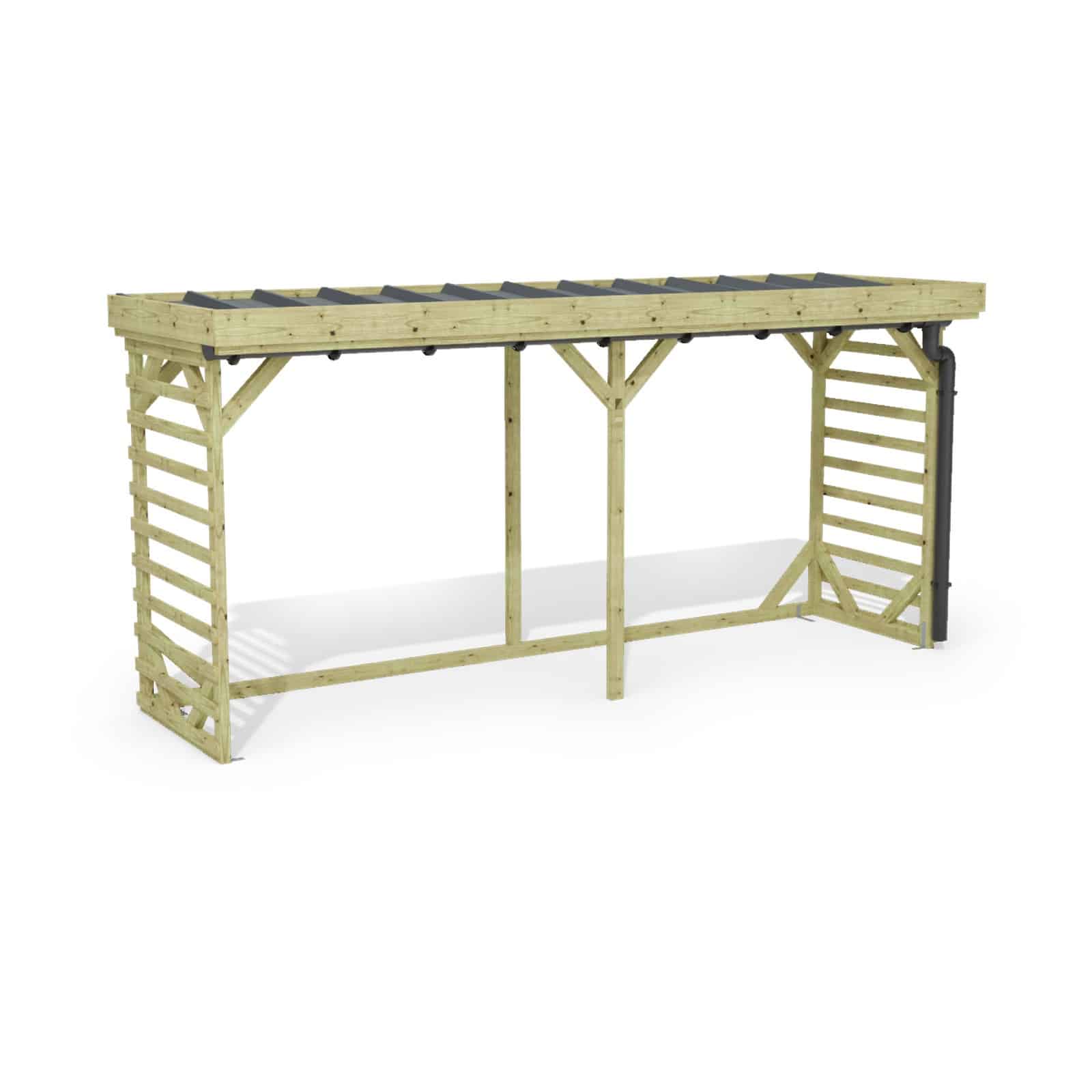 Abri à bûches 4 m × 1,30 m, avec gouttière – rendu 3D sur fond blanc