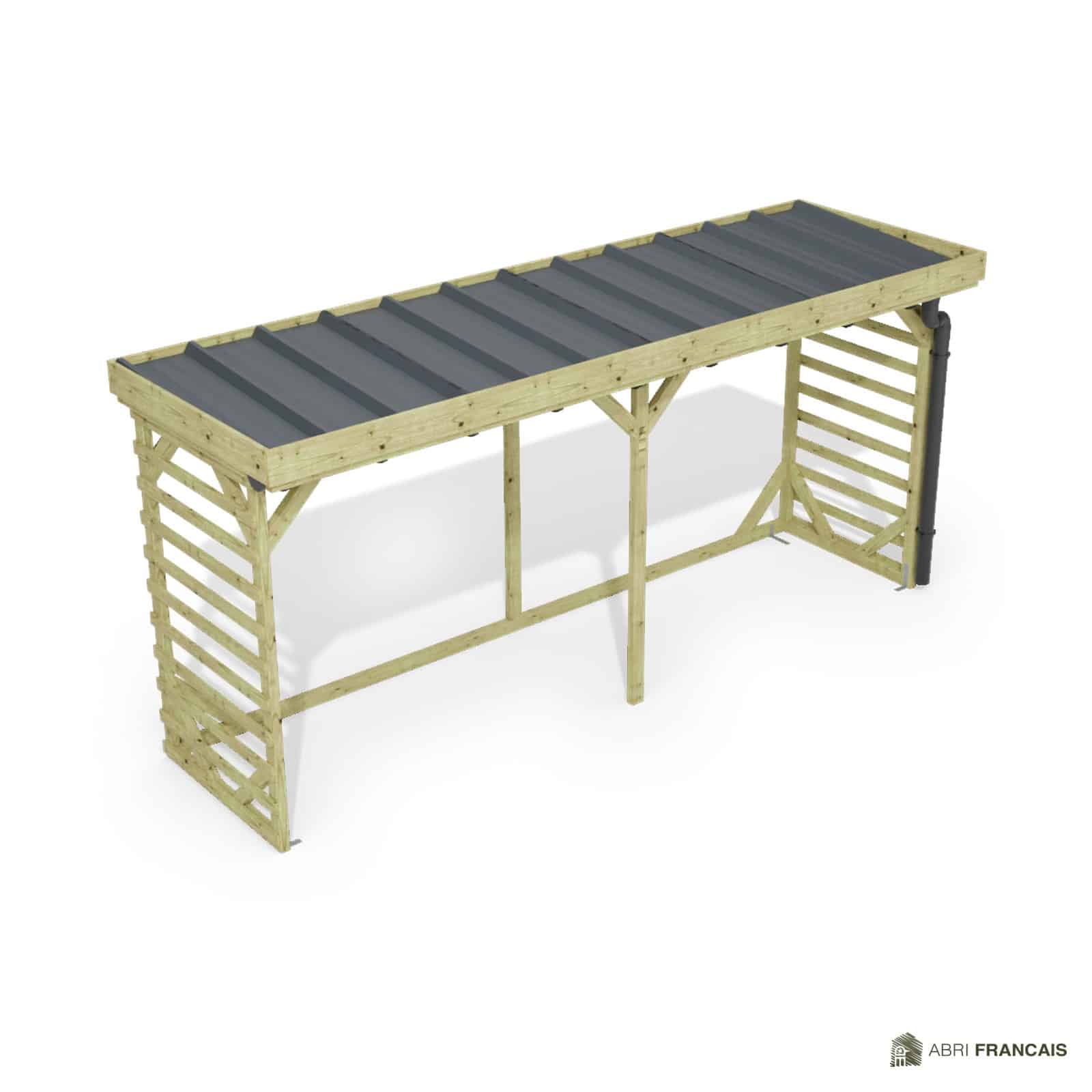 Abri à bûches 4 m × 1,30 m, avec gouttière – vue du toit en bac acier