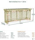 Abri à bûches 4 m × 1,30 m – cotes extérieures et intérieures