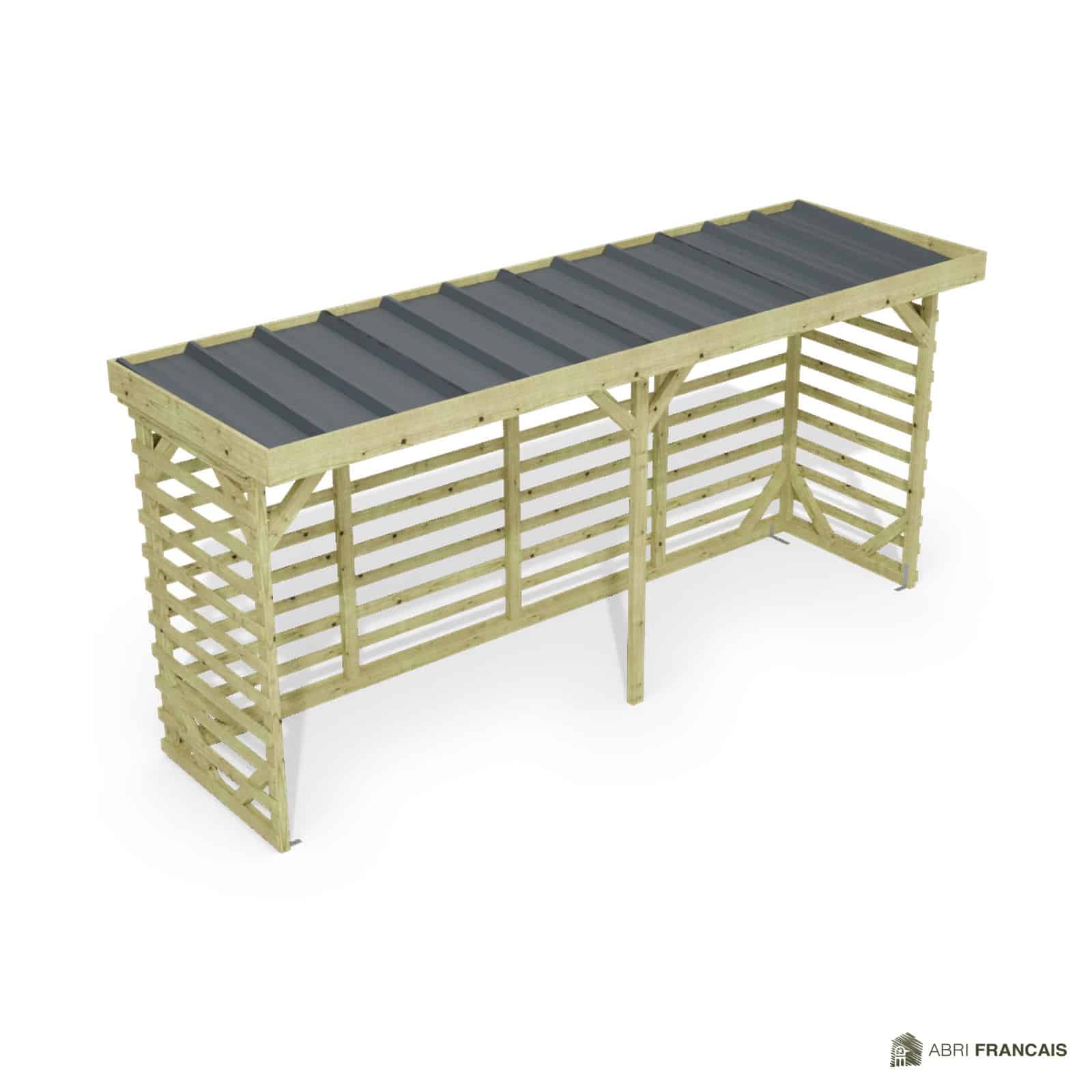 Abri à bûches 4 m × 1,30 m – vue du toit en bac acier