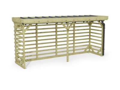 Abri à bûches 4 m × 1,30 m, avec gouttière – rendu 3D sur fond blanc