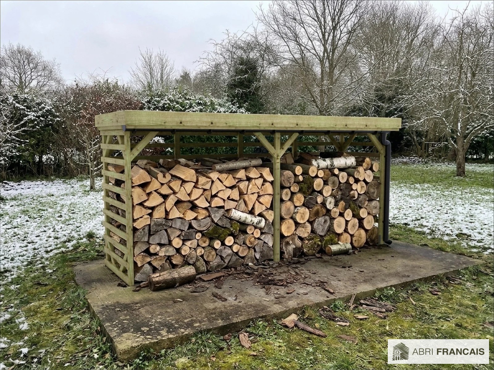 Abri à bûches 4 m × 1,30 m, avec gouttière – mise en situation