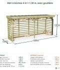 Abri à bûches 4 m × 1,30 m, avec gouttière – cotes extérieures et intérieures