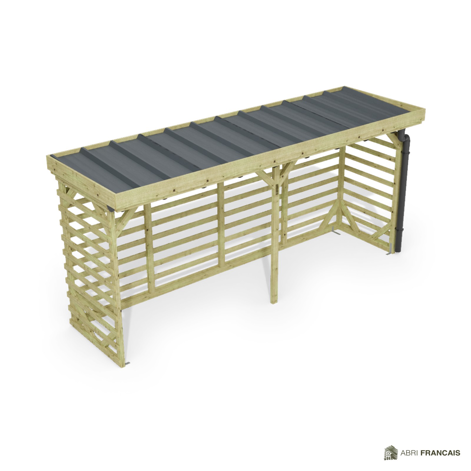 Abri à bûches 4 m × 1,30 m, avec gouttière – vue du toit en bac acier