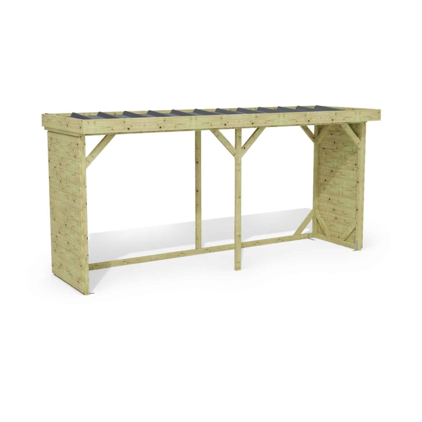 Abri à bûches 4 m × 1,30 m – rendu 3D sur fond blanc
