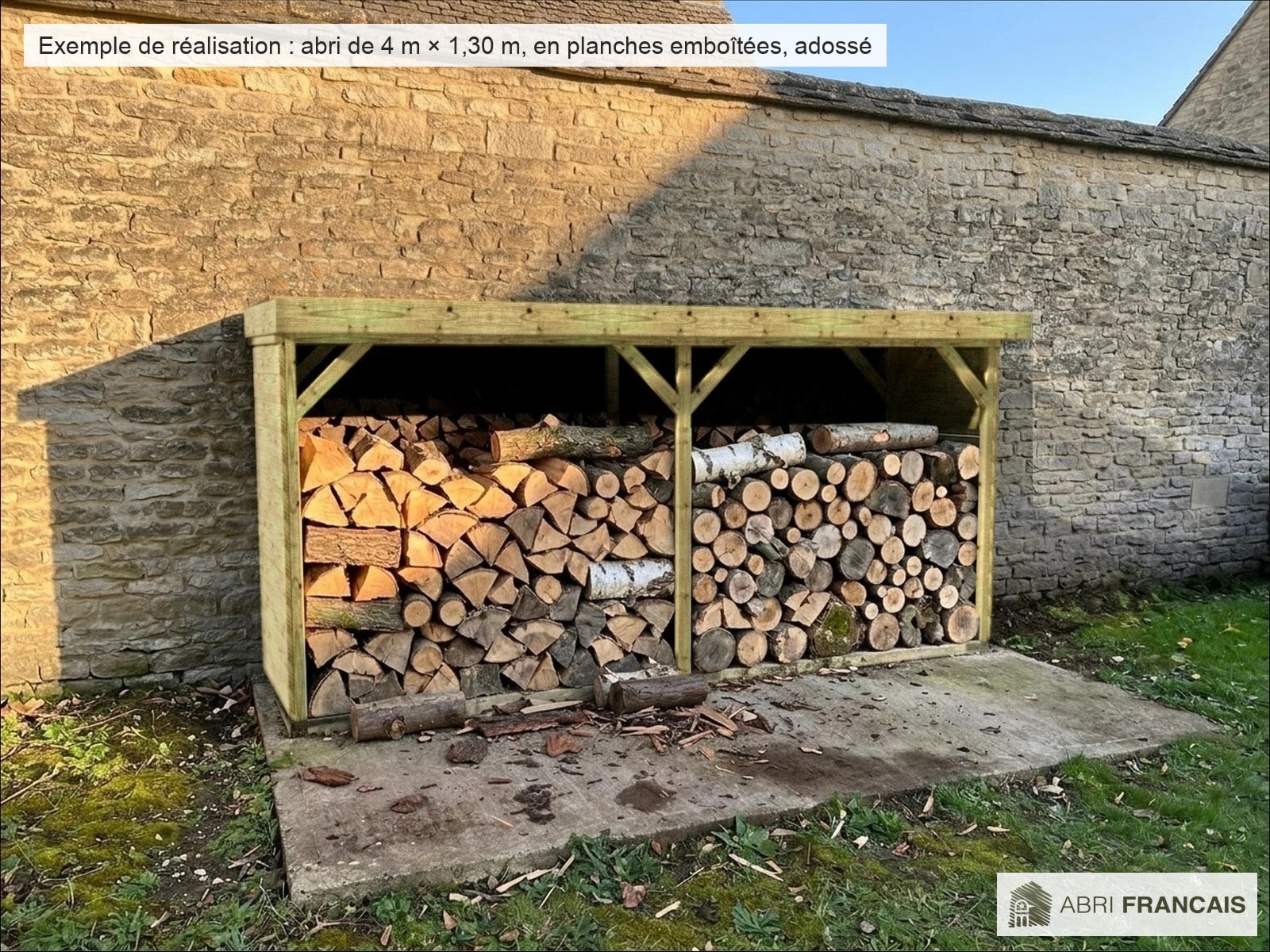 Abri à bûches 4 m × 1,30 m – mise en situation