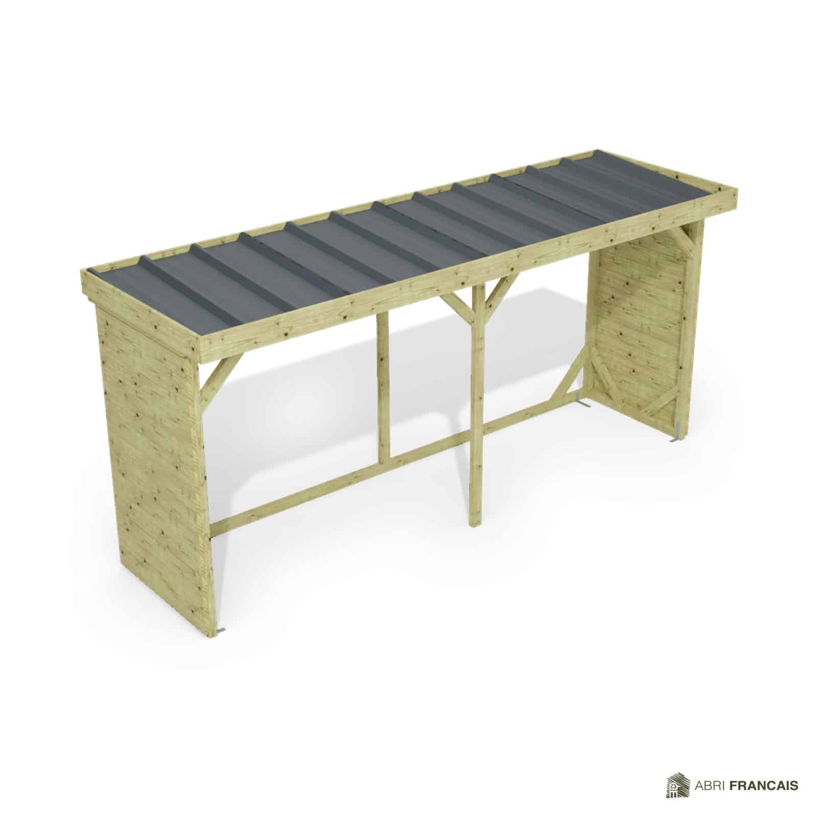Abri à bûches 4 m × 1,30 m – vue du toit en bac acier