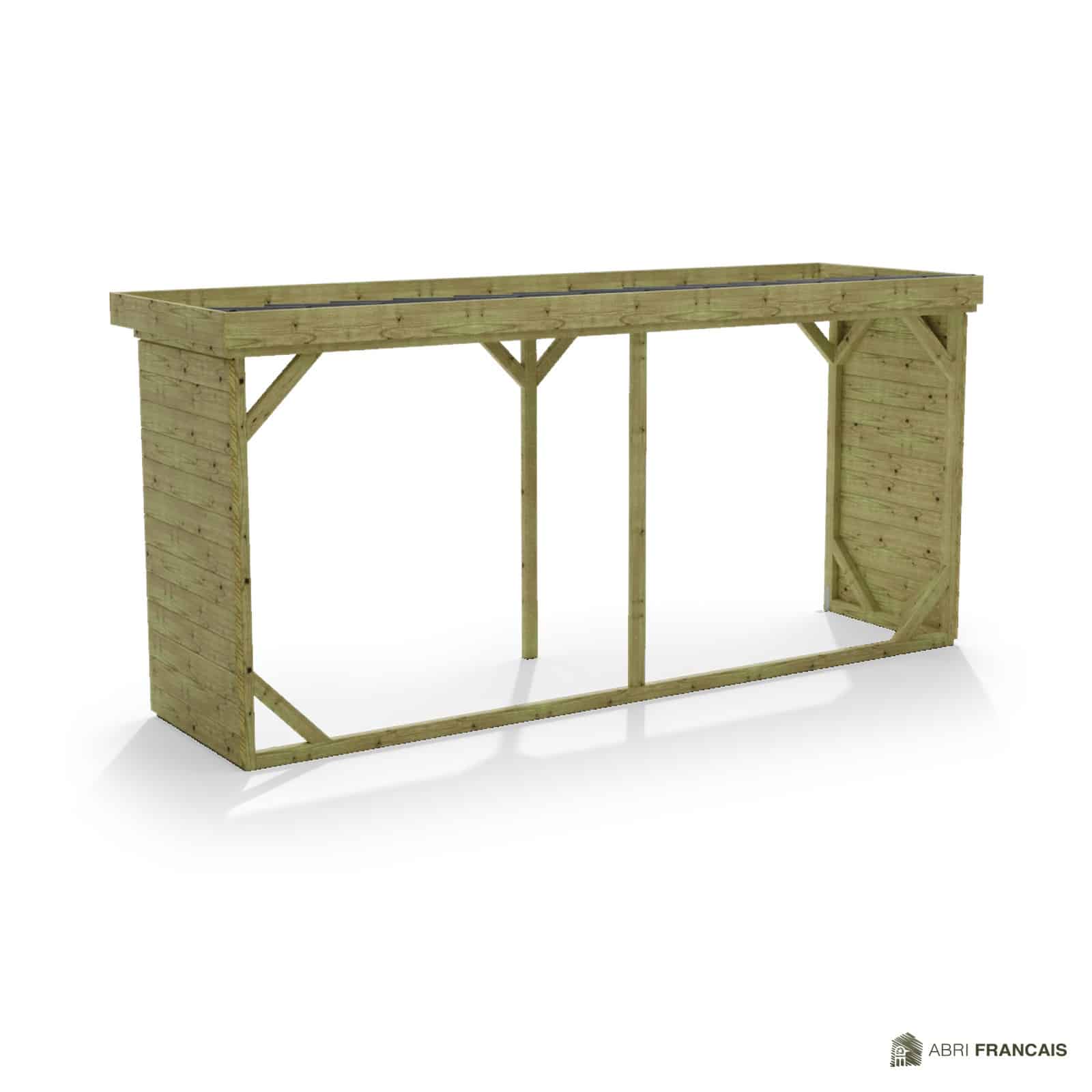 Abri à bûches 4 m × 1,30 m – vue arrière, fond et côtés