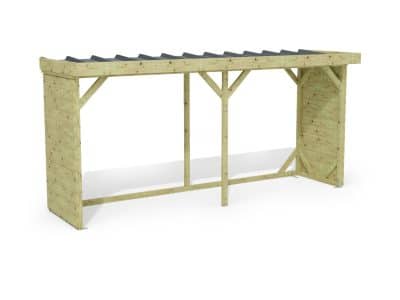 Abri à bûches 4 m × 1,30 m, adossé – rendu 3D sur fond blanc