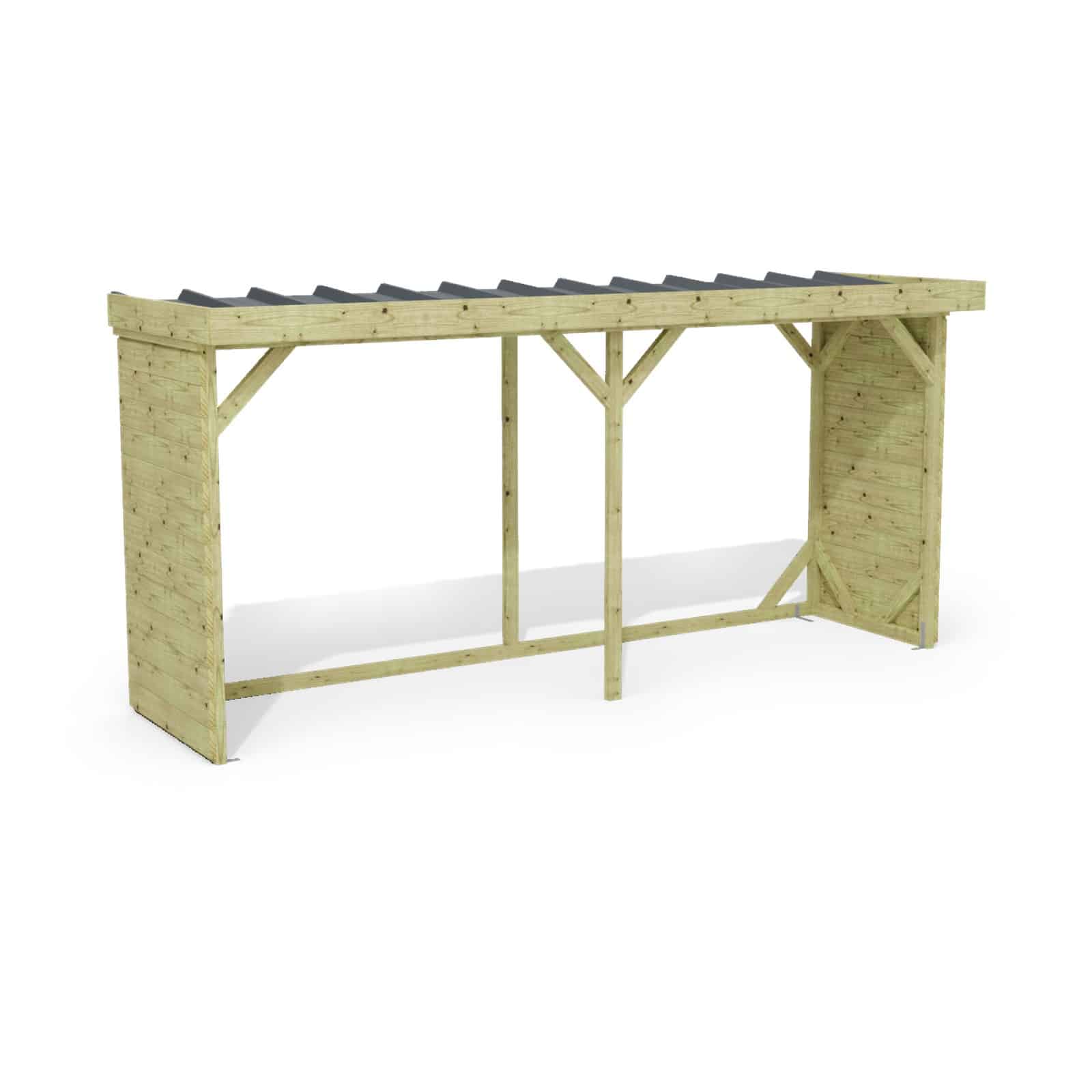 Abri à bûches 4 m × 1,30 m, adossé – rendu 3D sur fond blanc