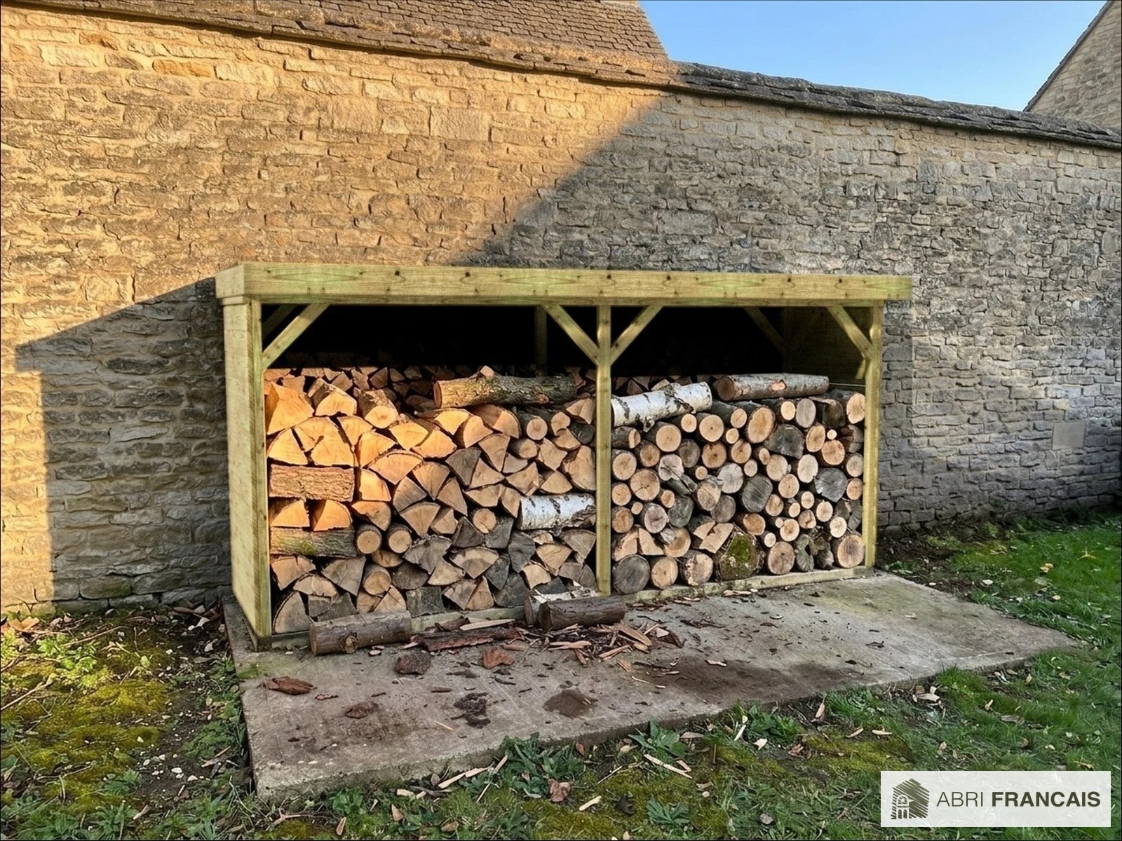 Abri à bûches 4 m × 1,30 m, adossé – mise en situation