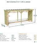 Abri à bûches 4 m × 1,30 m, adossé – cotes extérieures et intérieures
