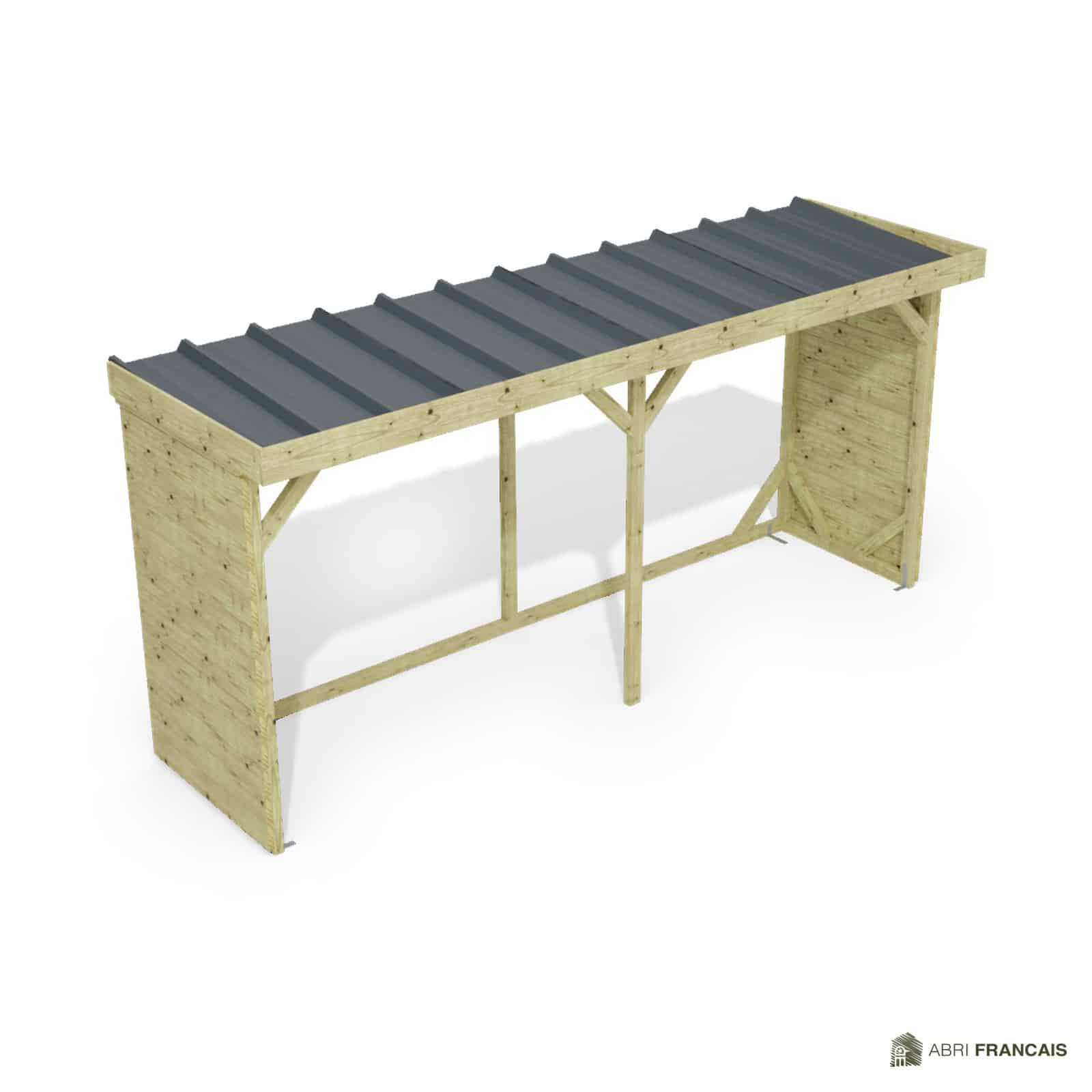 Abri à bûches 4 m × 1,30 m, adossé – vue du toit en bac acier