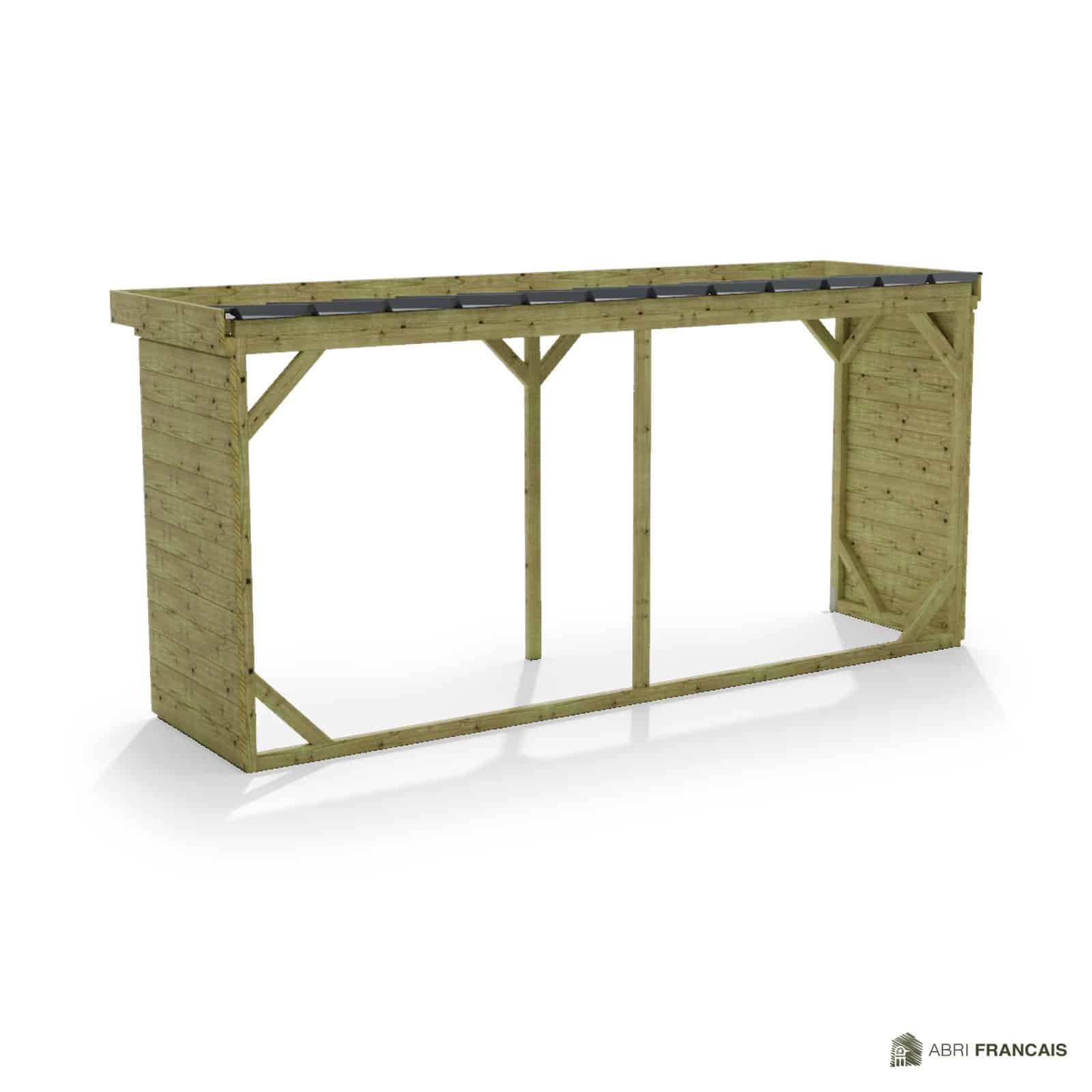 Abri à bûches 4 m × 1,30 m, adossé – vue arrière, fond et côtés