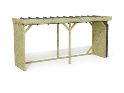 Abri à bûches 4 m × 1,30 m, adossé, avec gouttière – rendu 3D sur fond blanc