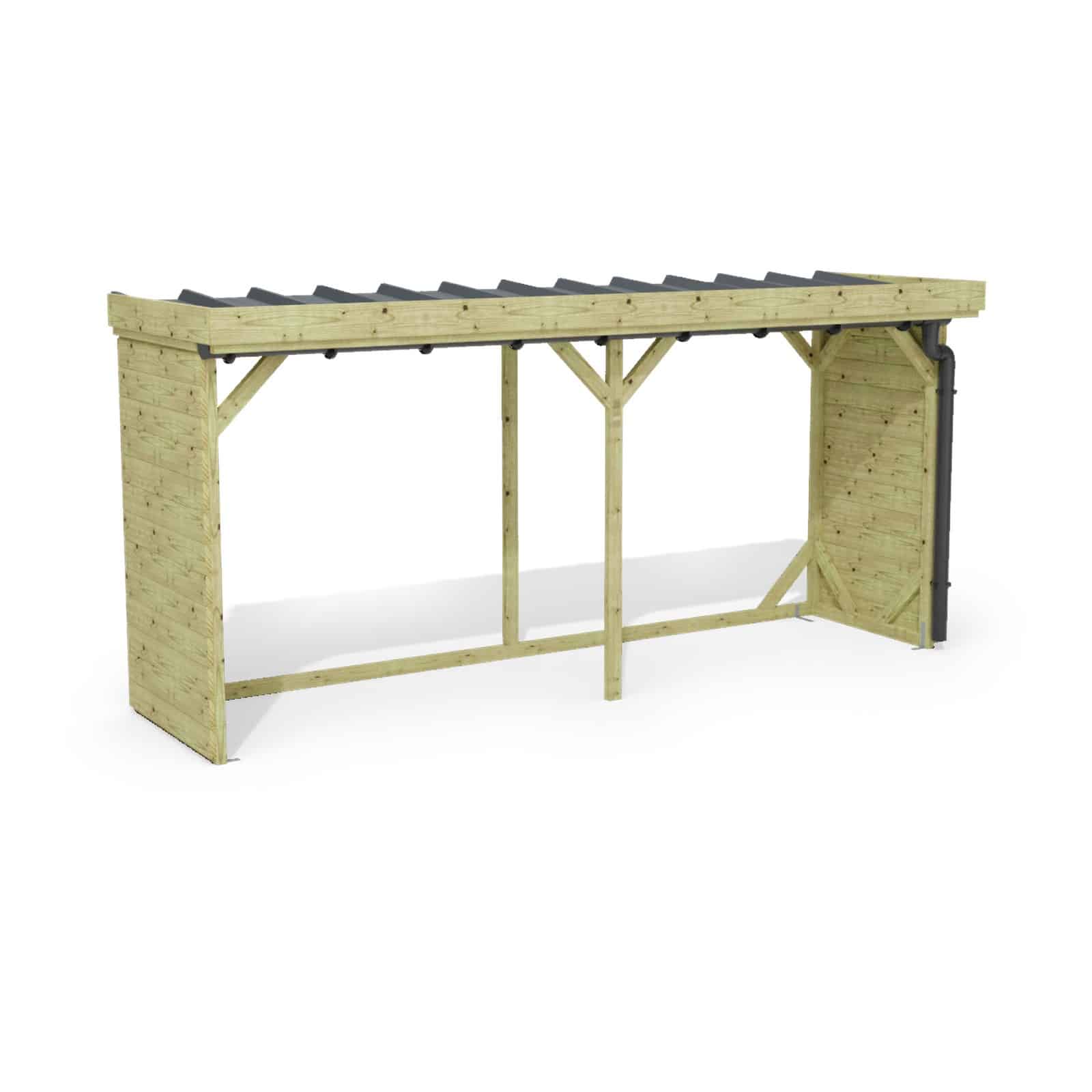 Abri à bûches 4 m × 1,30 m, adossé, avec gouttière – rendu 3D sur fond blanc