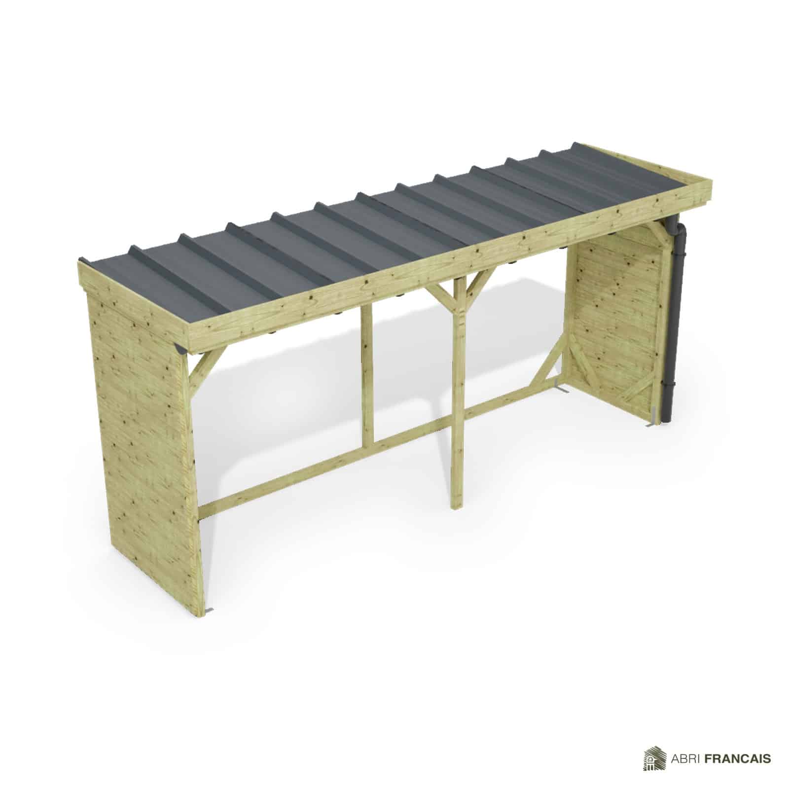 Abri à bûches 4 m × 1,30 m, adossé, avec gouttière – vue du toit en bac acier