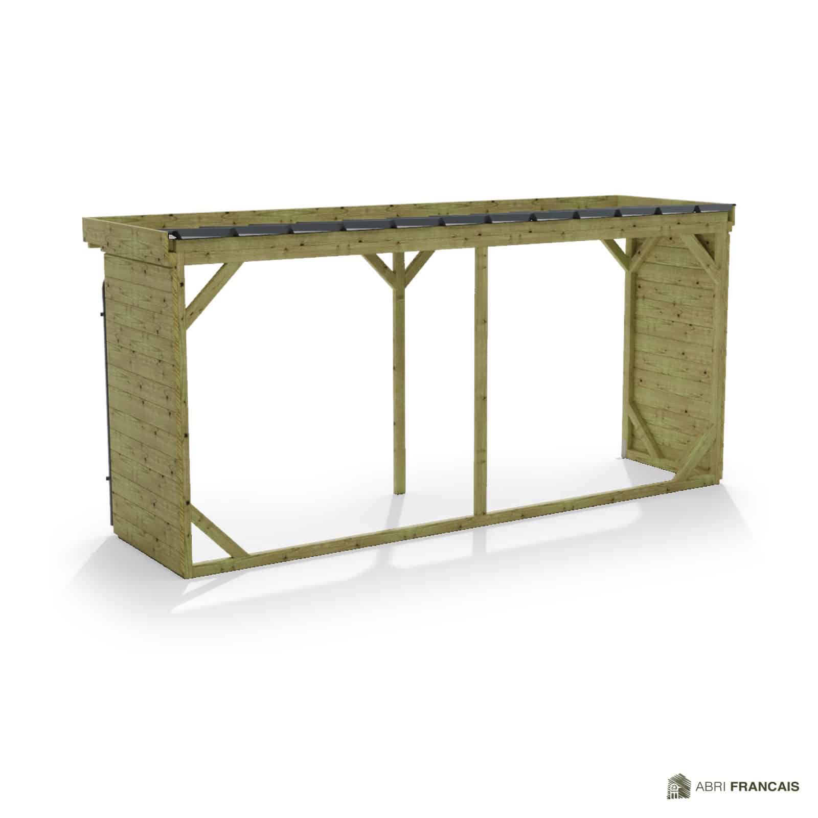Abri à bûches 4 m × 1,30 m, adossé, avec gouttière – vue arrière, fond et côtés