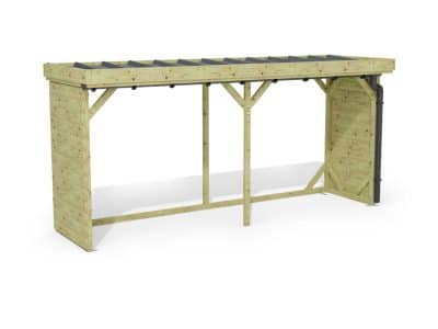 Abri à bûches 4 m × 1,30 m, avec gouttière – rendu 3D sur fond blanc