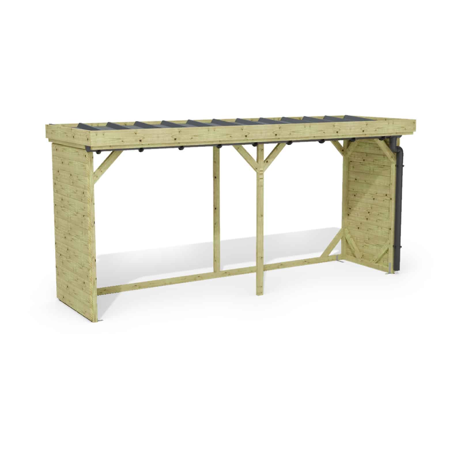 Abri à bûches 4 m × 1,30 m, avec gouttière – rendu 3D sur fond blanc