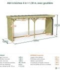 Abri à bûches 4 m × 1,30 m, avec gouttière – cotes extérieures et intérieures