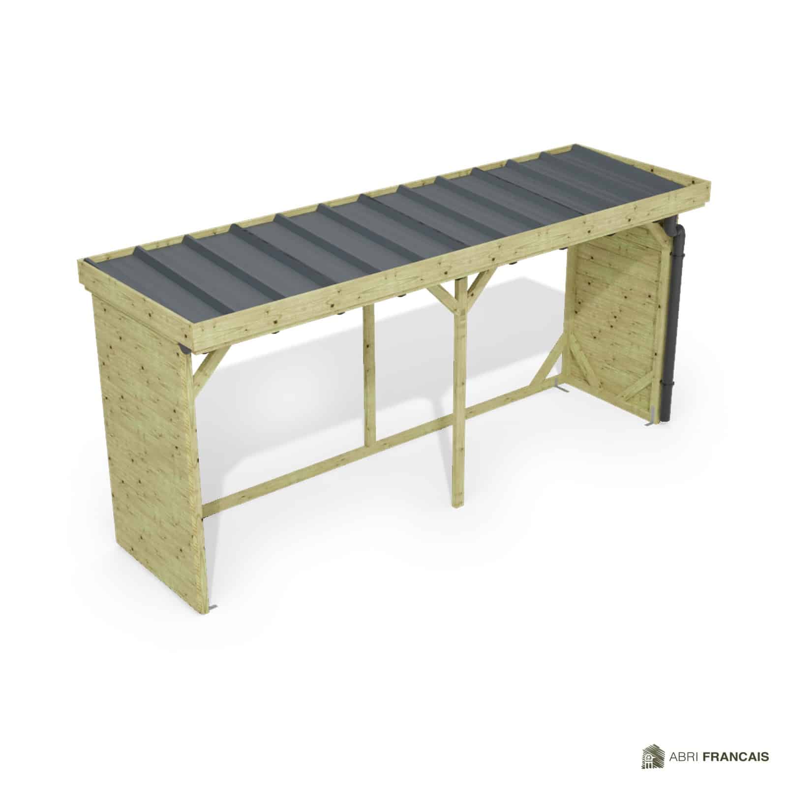 Abri à bûches 4 m × 1,30 m, avec gouttière – vue du toit en bac acier