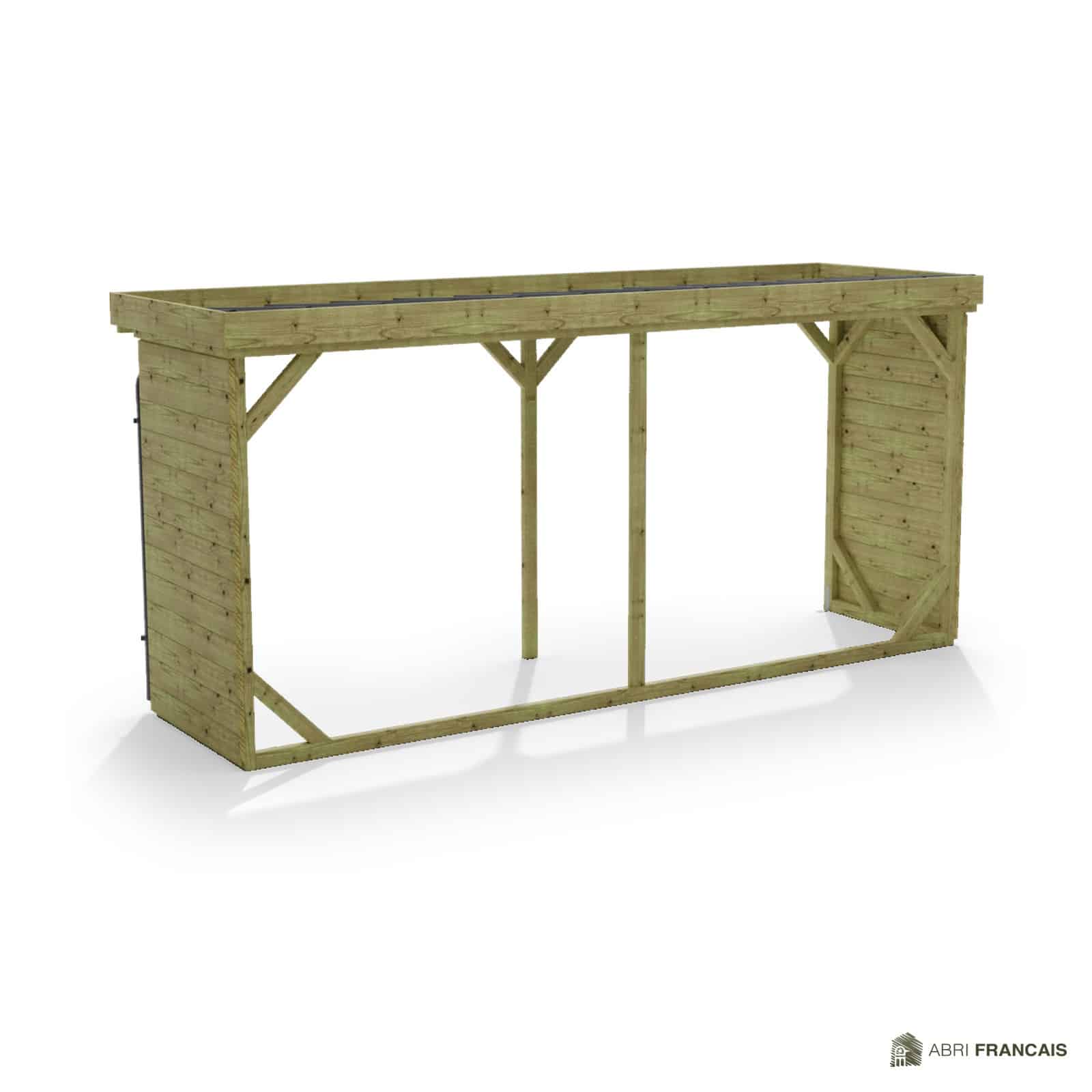 Abri à bûches 4 m × 1,30 m, avec gouttière – vue arrière, fond et côtés