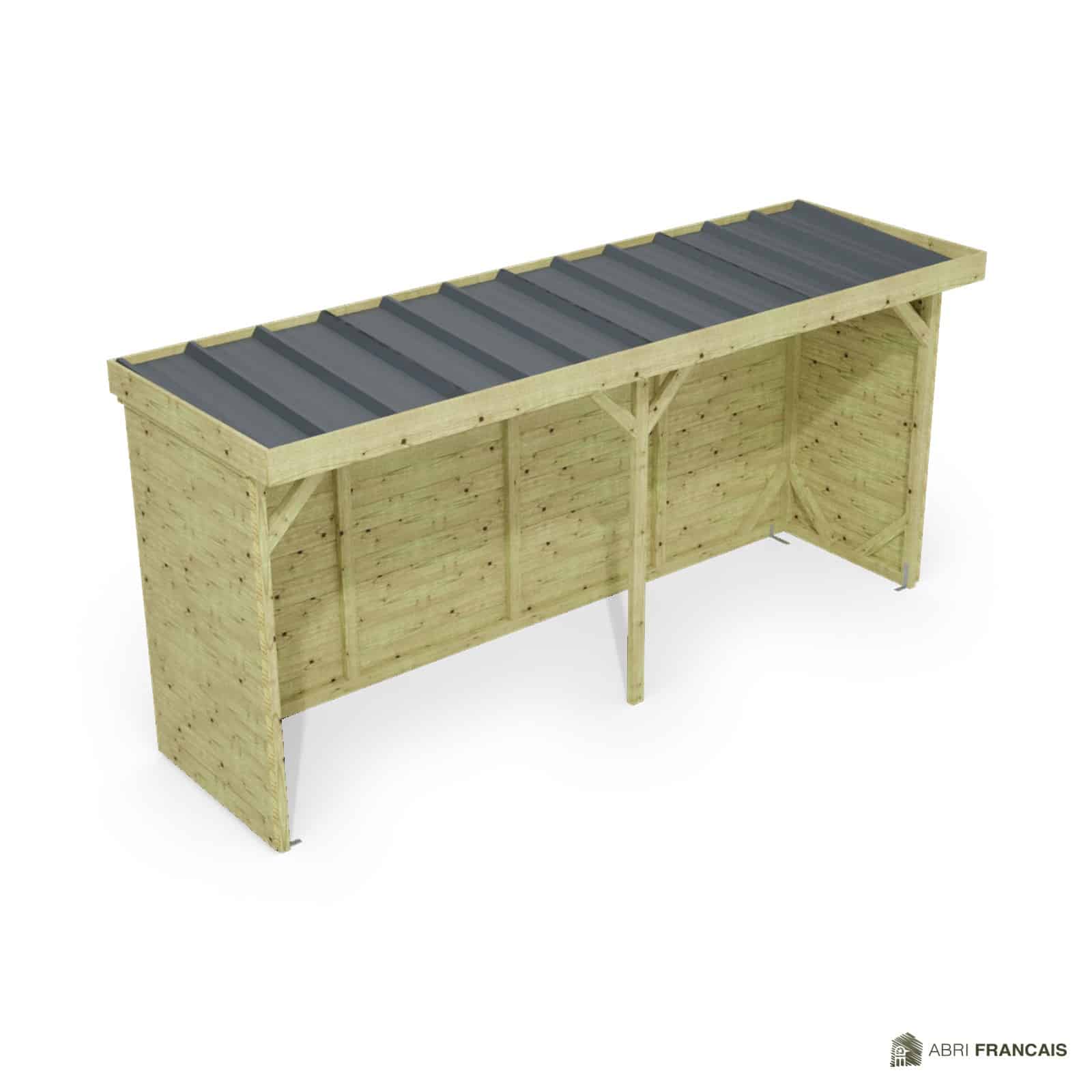 Abri à bûches 4 m × 1,30 m – vue du toit en bac acier
