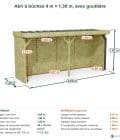 Abri à bûches 4 m × 1,30 m, avec gouttière – cotes extérieures et intérieures