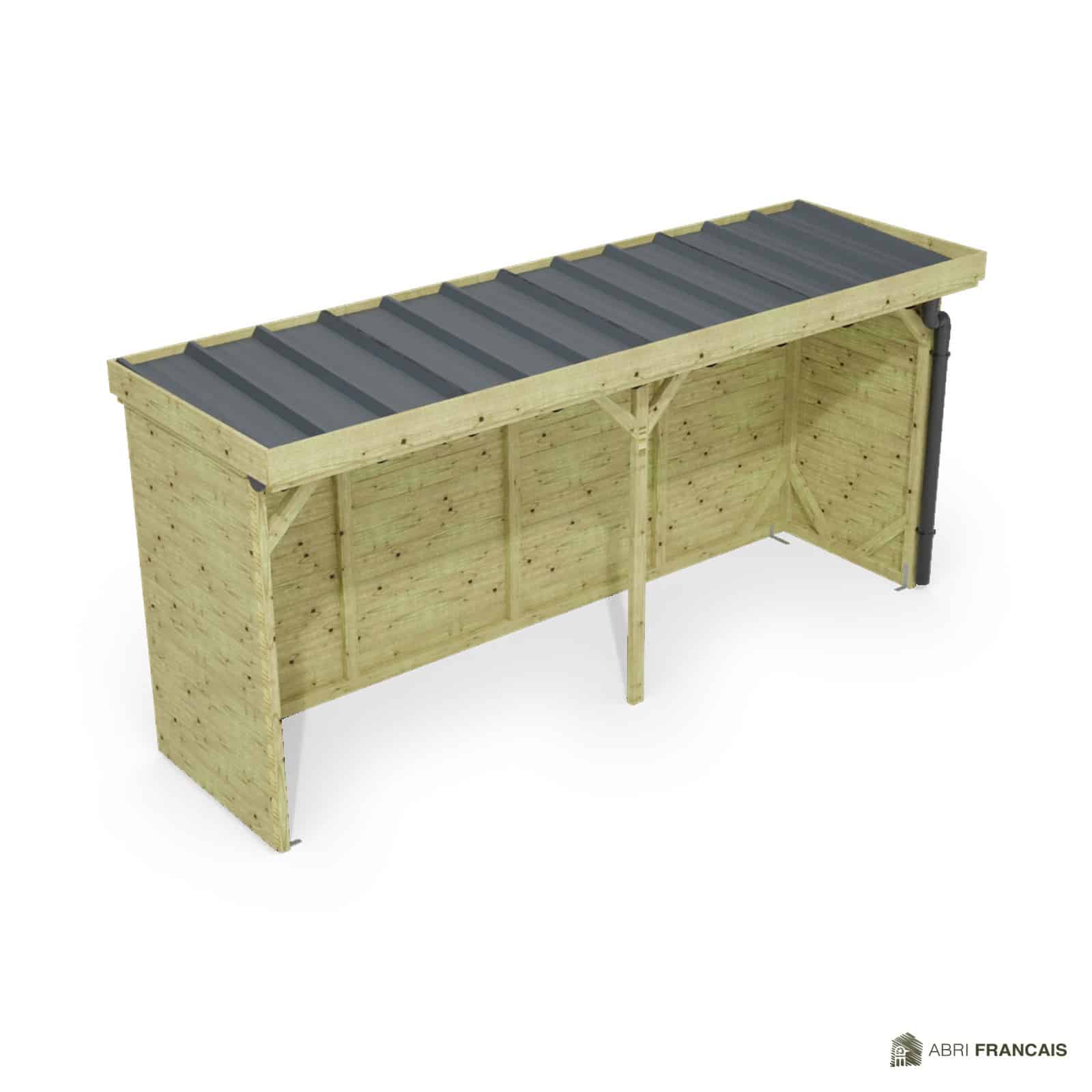 Abri à bûches 4 m × 1,30 m, avec gouttière – vue du toit en bac acier
