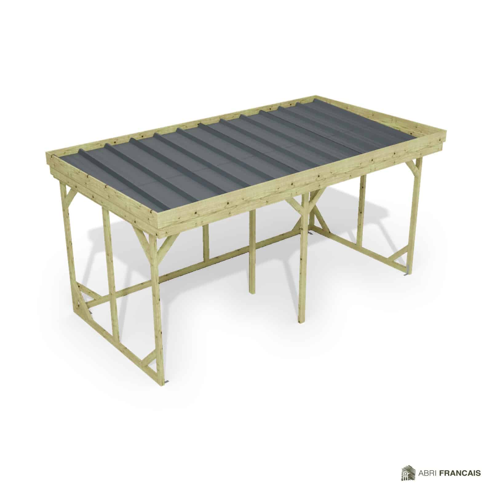 Abri à bûches 4 m × 2,27 m – vue du toit en bac acier