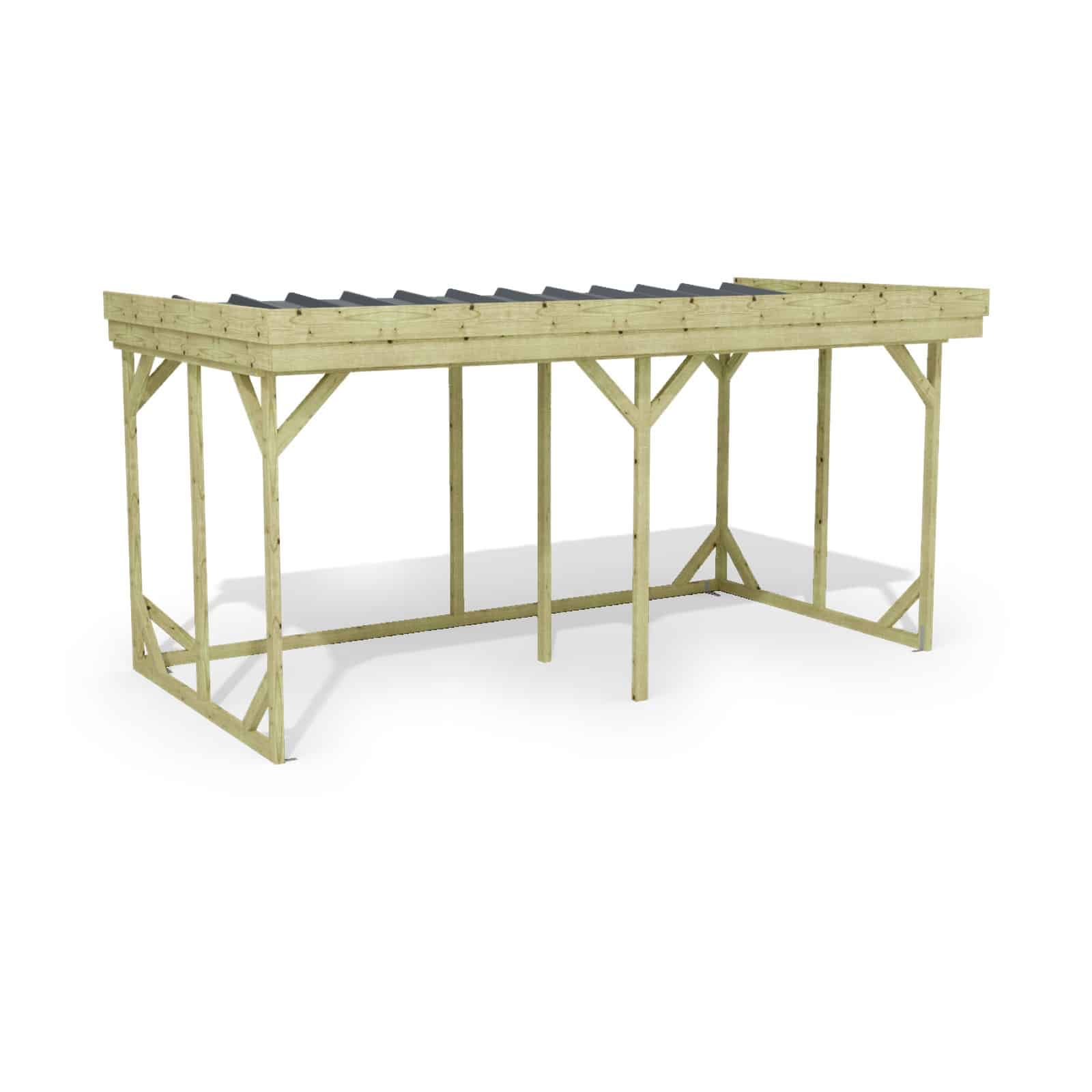 Abri à bûches 4 m × 2,27 m, adossé – rendu 3D sur fond blanc