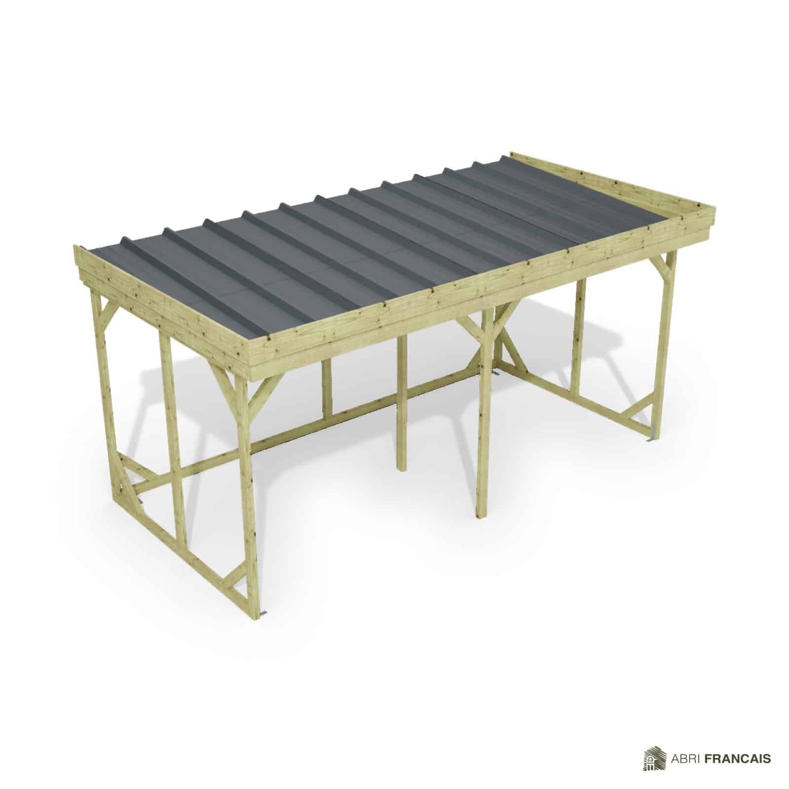 Abri à bûches 4 m × 2,27 m, adossé – vue du toit en bac acier