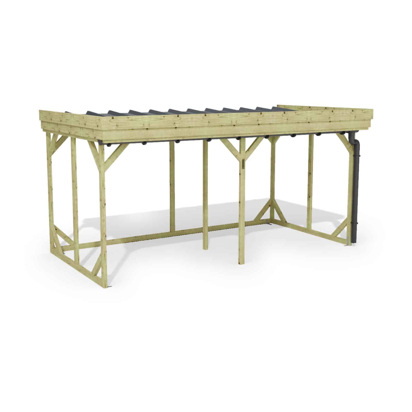 Abri à bûches 4 m × 2,27 m, adossé, avec gouttière – rendu 3D sur fond blanc