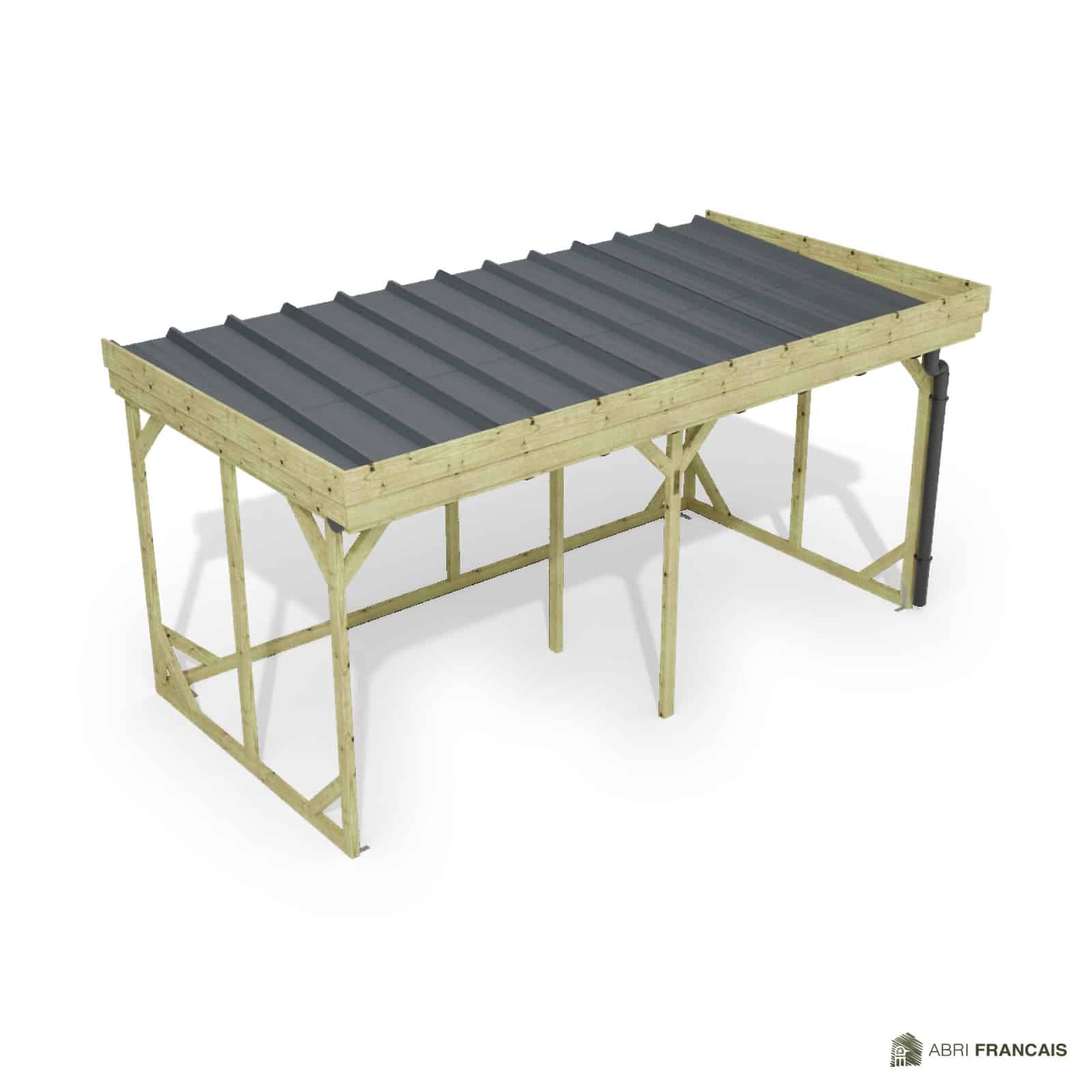 Abri à bûches 4 m × 2,27 m, adossé, avec gouttière – vue du toit en bac acier