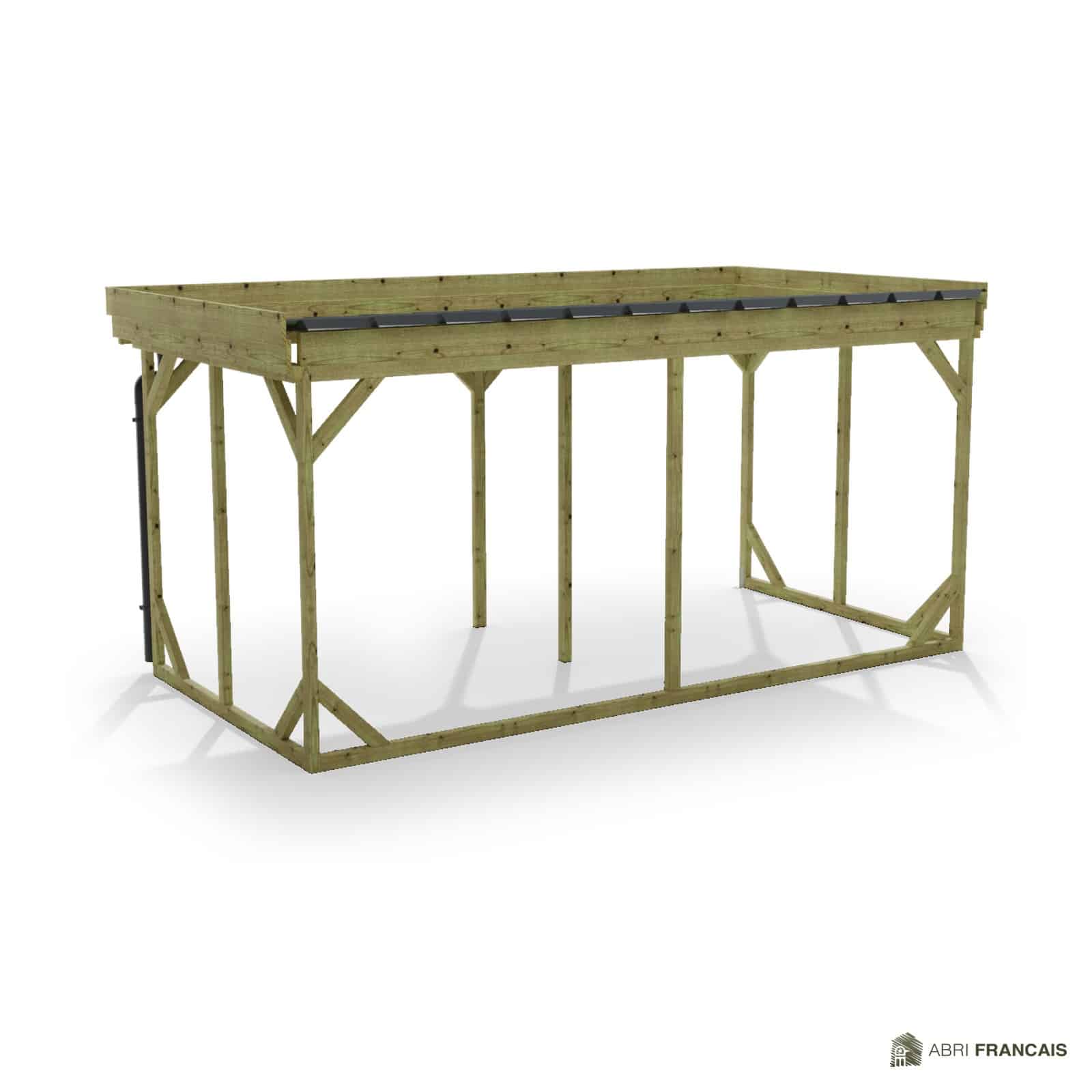 Abri à bûches 4 m × 2,27 m, adossé, avec gouttière – vue arrière, fond et côtés