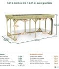 Abri à bûches 4 m × 2,27 m, avec gouttière – cotes extérieures et intérieures