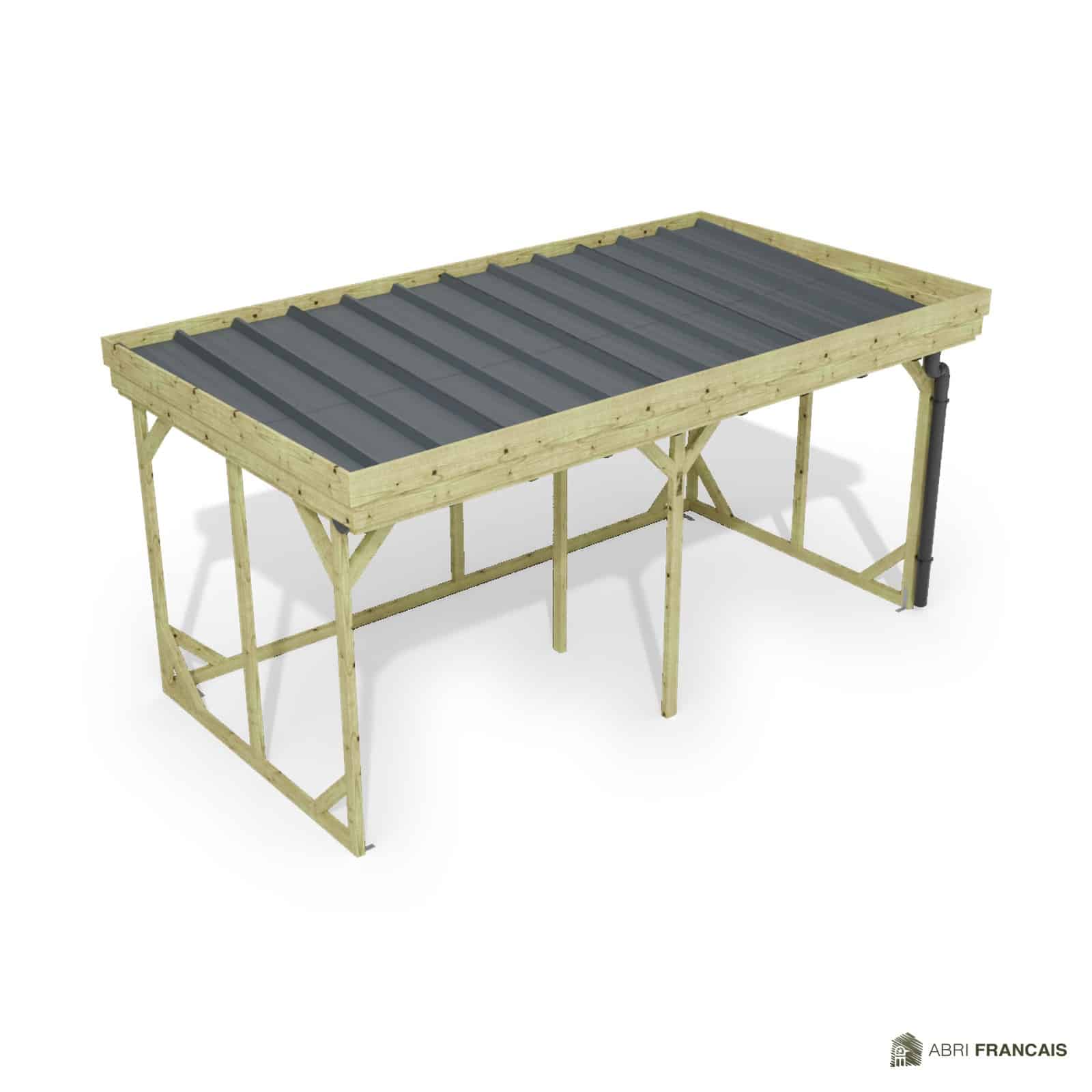 Abri à bûches 4 m × 2,27 m, avec gouttière – vue du toit en bac acier