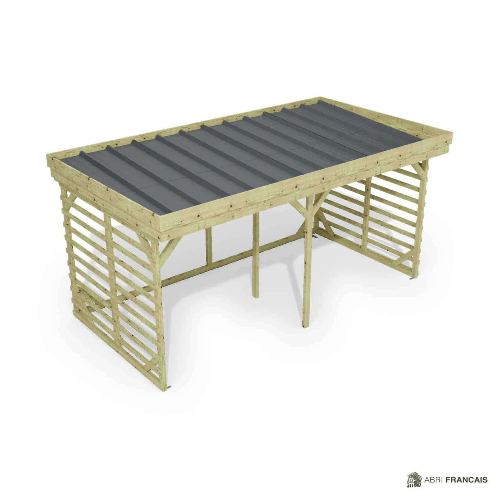 Abri à bûches 4 m × 2,27 m – vue du toit en bac acier
