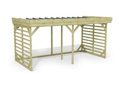 Abri à bûches 4 m × 2,27 m, adossé – rendu 3D sur fond blanc