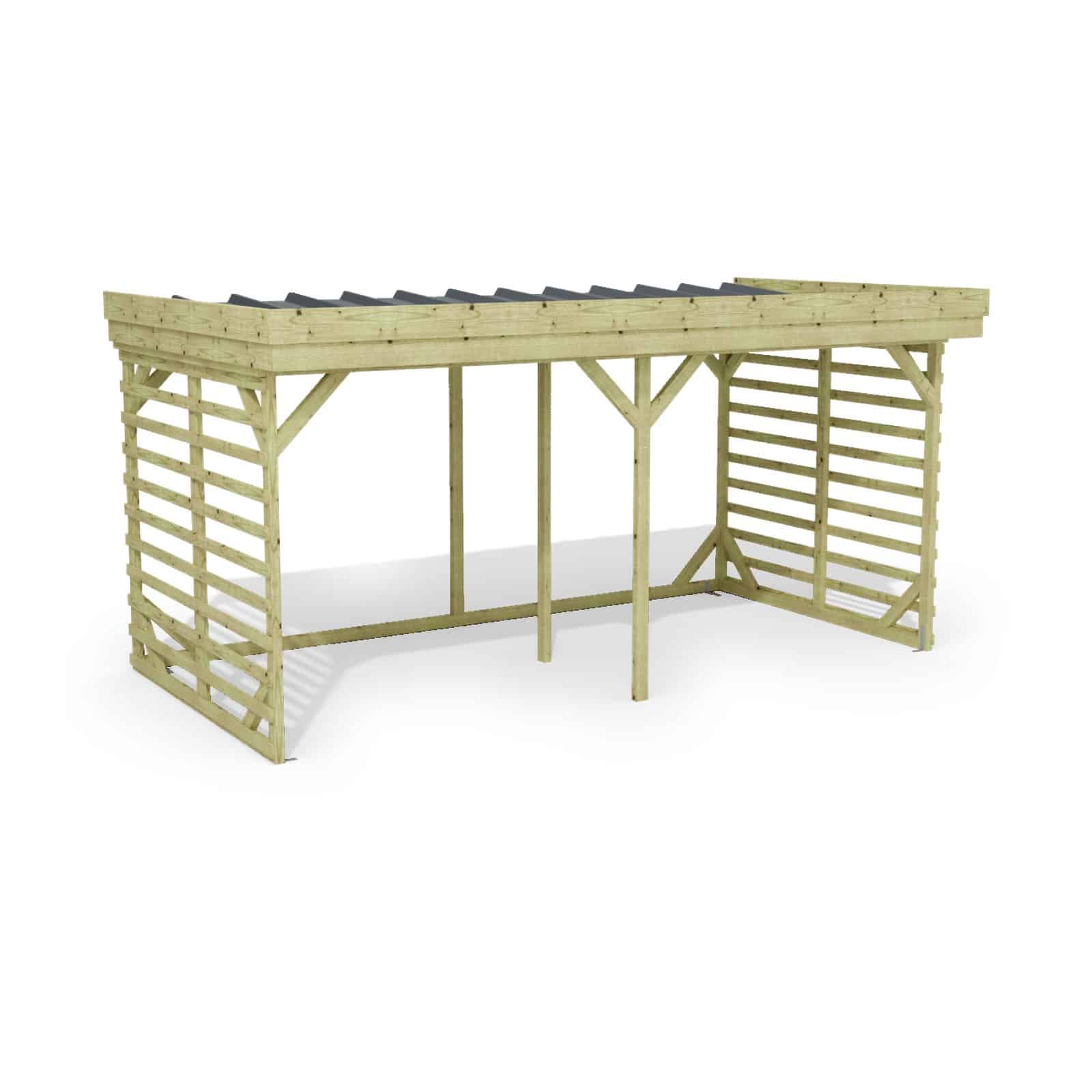Abri à bûches 4 m × 2,27 m, adossé – rendu 3D sur fond blanc