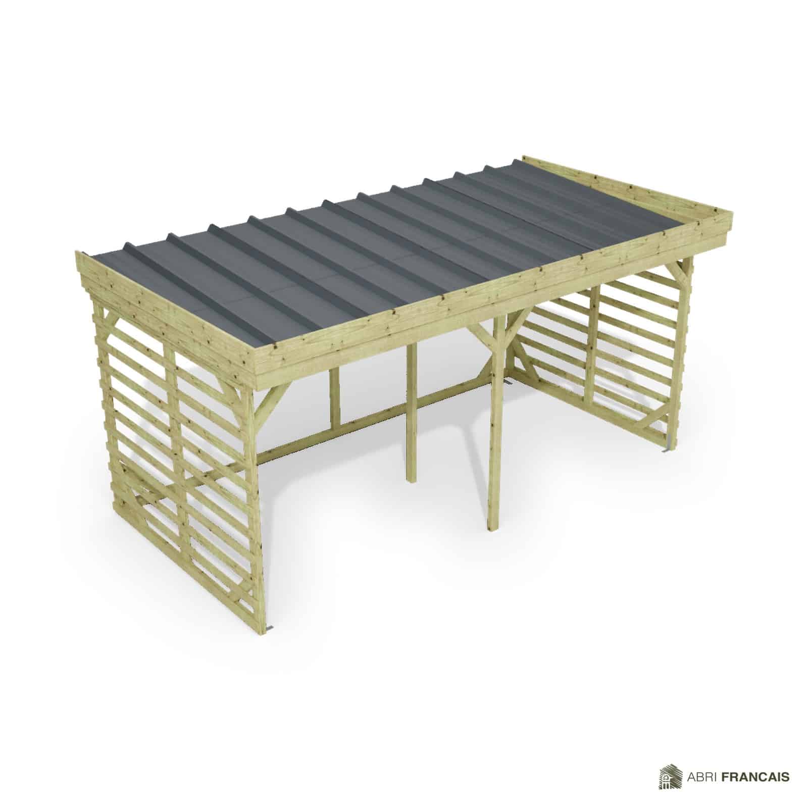 Abri à bûches 4 m × 2,27 m, adossé – vue du toit en bac acier