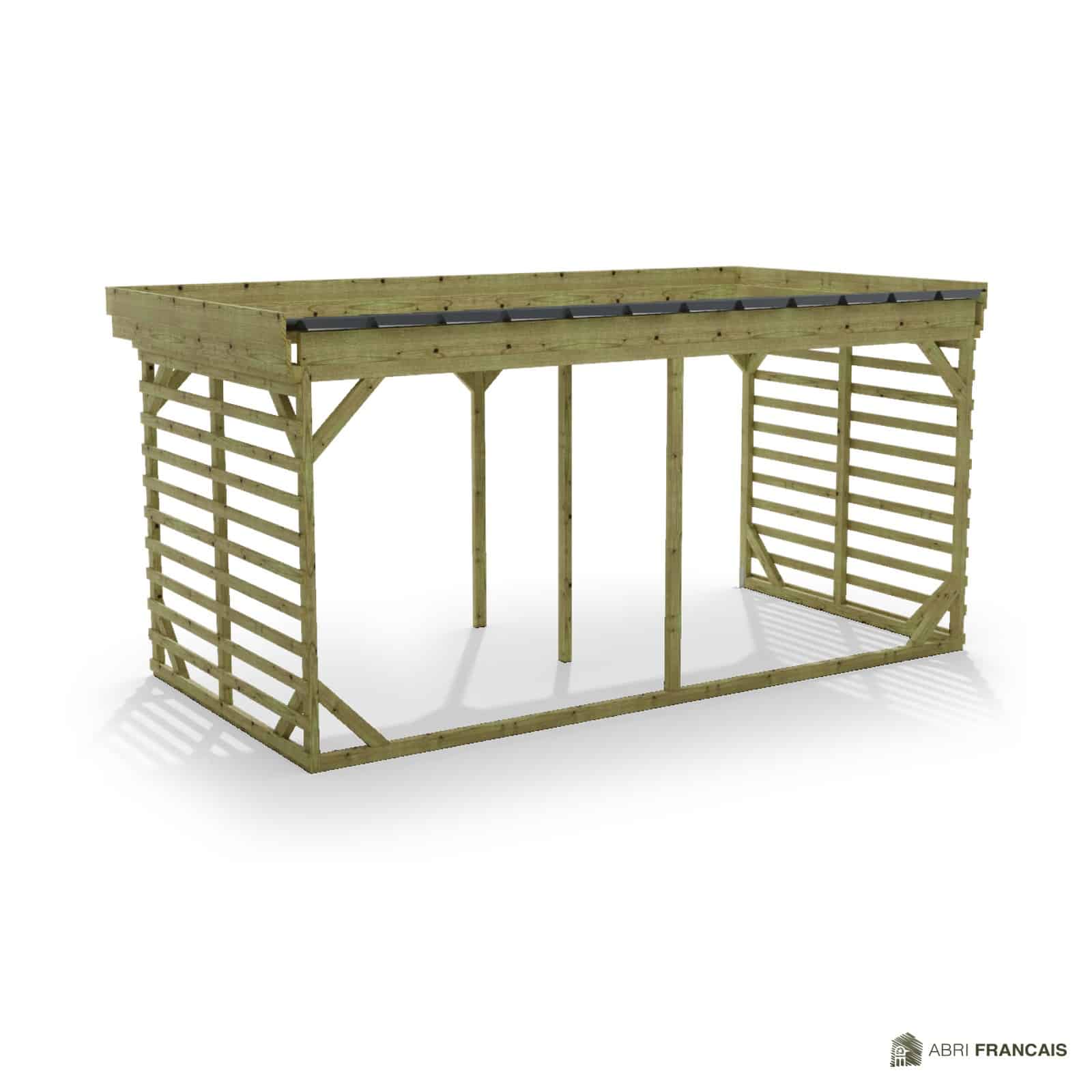 Abri à bûches 4 m × 2,27 m, adossé – vue arrière, fond et côtés