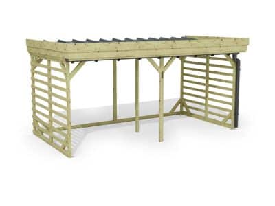 Abri à bûches 4 m × 2,27 m, adossé, avec gouttière – rendu 3D sur fond blanc
