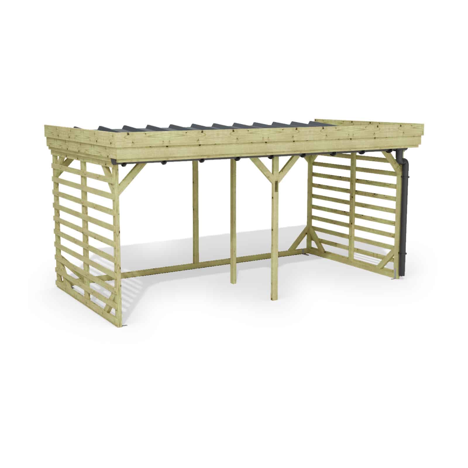 Abri à bûches 4 m × 2,27 m, adossé, avec gouttière – rendu 3D sur fond blanc