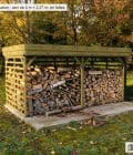 Abri à bûches 4 m × 2,27 m, adossé, avec gouttière – mise en situation